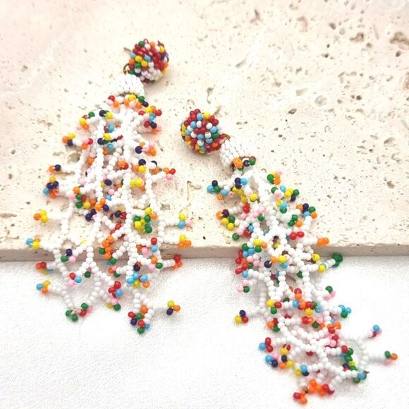 New JCREW Coral Confetti Glass Beaded Fringe Earrings - Picture 1 of 10
